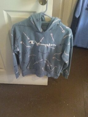 Champion Teal Hoodie with White Logo Script Allover